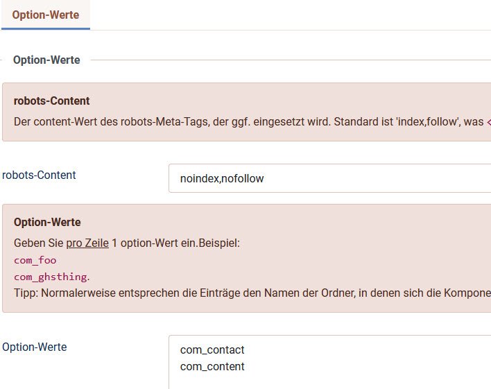 Konfigurationsfelder des Joomla-Plugins "System - Robots Tag On Url"